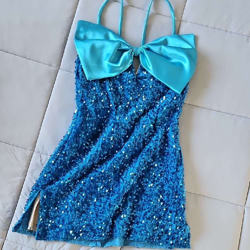 Sparkling Blue Sequin Dress with Bow